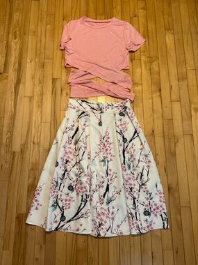 Pink Floral A-Line Midi Skirt with Crop Top XL